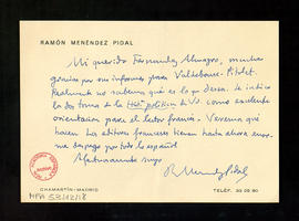 Carta de Ramón Menéndez Pidal a Melchor Fernández Almagro en la que le agradece sus informes para...