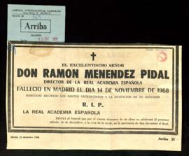 Recorte del diario Arriba con una esquela de Ramón Menéndez Pidal