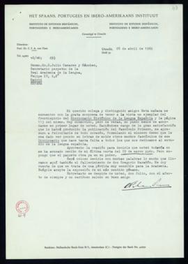 Carta de C. F. Adolf van Dam a Julio Casares en la que le comunica que ha recibido un ejemplar de...