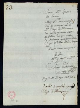 Carta de Juan de Iriarte a Ignacio de Luzán en la que le pida que entregue a Diego de Villanueva ...