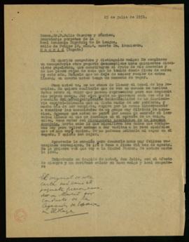 Copia de la carta de C. F. Adolf van Dam a Julio Casares con la que le remite un paquete con 517 ...