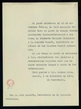 Copia sin firma del oficio del secretario a Abel Alarcón, secretario de la Academia Boliviana, de...