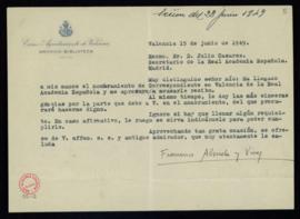 Carta de Francisco Almela y Vives a Julio Casares en la que acusa recibo de su nombramiento como ...