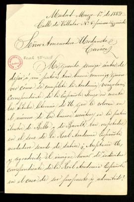 Carta de Evaristo Fombona a Amenodoro Urdaneta en la que le pregunta si aceptaría el nombramiento...