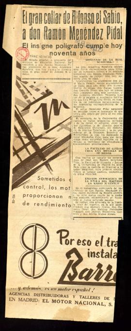 Recorte del diario Madrid con el artículo El gran Collar de Alfonso el Sabio a don Ramón Menéndez...