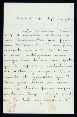 Carta de Juan de la Pezuela al secretario, Manuel Tamayo y Baus, con la que remite un romance y l...