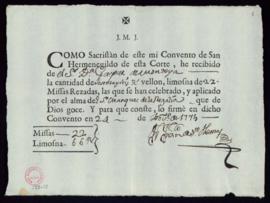 Recibo del sacristán del convento de San Hermenegildo de Madrid de 66 reales de vellón por las mi...
