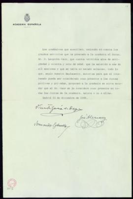 Informe de Vicente García de Diego, José Alemany y José Echegaray de autorización para que a Leop...