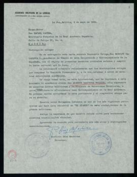 Carta de Porfirio Díaz Machicao, director de la Academia Boliviana, a Rafael Lapesa en la que le ...