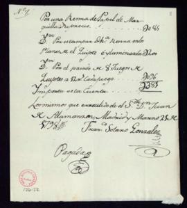 Recibo de Francisco Solano González de 3000 reales de vellón por varias resmas de papel