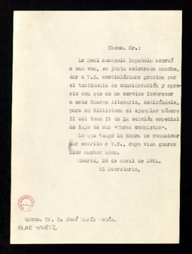 Copia sin firma del oficio del secretario [Julio Casares] a José María Pemán de traslado del agra...
