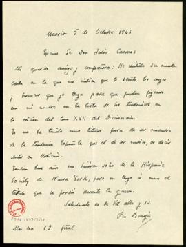 Carta de Pío Baroja a Julio Casares en la que le dice que no tiene más título que el de doctor en...