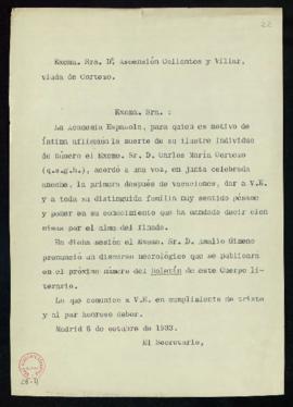 Copia sin firma del oficio de pésame del secretario [Emilio Cotarelo] a Ascensión Collantes y Vil...