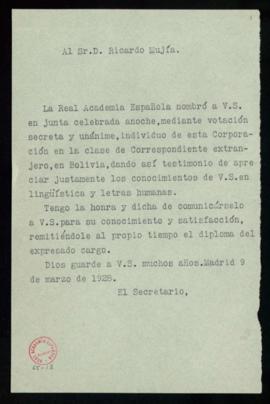 Copia sin firma del oficio del secretario a Ricardo Mujía de traslado de su nombramiento como aca...