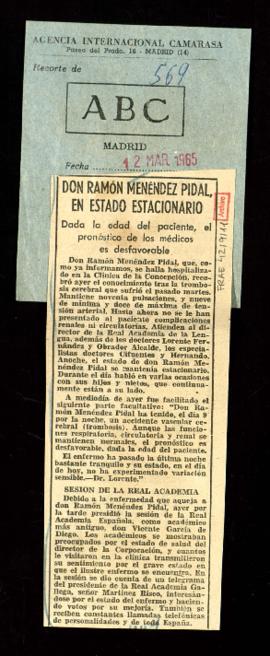 Recorte del diario ABC con la noticia Don Ramón Menéndez Pidal, en estado estacionario