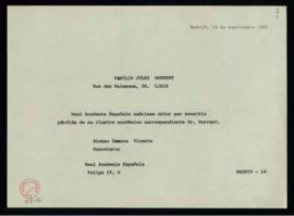 Copia del oficio de pésame de Alonso Zamora Vicente, secretario, a la familia de Jules Horrent