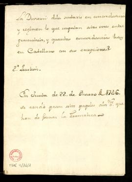 Acuerdo tomado en junta de 22 de marzo de 1746 sobre la segunda cuestión de sintaxis