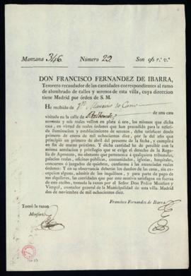 Recibo de Francisco Fernández de Ibarra, tesorero recaudador de las cantidades correspondientes a...
