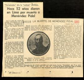 Recorte del diario El Comercio con la noticia Hace 52 años dieron en Lima por muerto a Menéndez P...