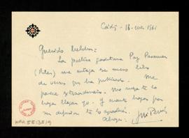 Carta de José María Pemán a Melchor Fernández Almagro con la que le envía el libro de poemas de P...