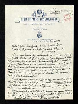 Copia de la carta de Benigno Varela a Gabriel Arias Salgado, ministro de Información, y Juan Apar...