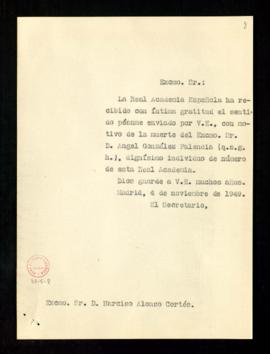 Copia sin firma del oficio del secretario a Narciso Alonso Cortés de traslado del agradecimiento ...