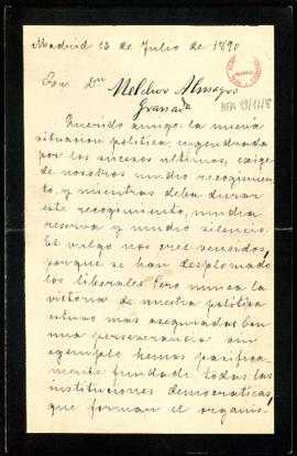 Carta de Emilio Castelar a Melchor Almagro en la que ruega silencio y reserva dada la nueva situa...