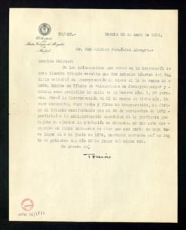 Carta de Tomás, secretario del Colego de abogados de Madrid, a Melchor Fernández Almagro en la qu...