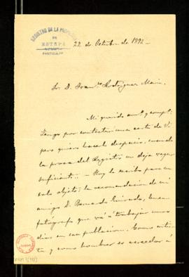 Carta de Antonio Aguilar y Cano a Francisco Rodríguez Marín en la que le recomienda su amigo Bern...