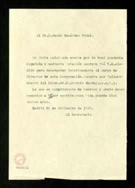 Copia sin firma del oficio del secretario [Emilio Cotarelo] a Ramón Menéndez Pidal de comunicació...