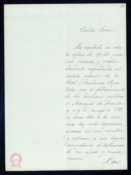 Carta del duque de Rivas [Enrique Ramírez de Saavedra] al secretario, Mariano Catalina, de agrade...