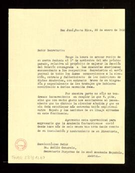 Carta de Alejandro Alvarado Quirós, secretario de la Academia de Costa Rica, a Emilio Cotarelo en...