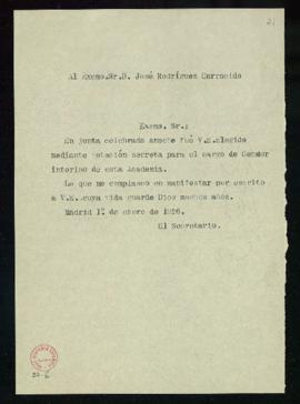 Copia sin firma del oficio del secretario [Emilio Cotarelo] a José Rodríguez Carracido de comunic...