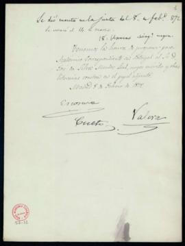 Propuesta firmada por Jerónimo de la Escosura, Leopoldo Augusto de Cueto y Juan Valera de José da...