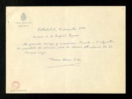 Carta de Narciso Alonso Cortés a Rafael Lapesa en la que le informa de que adjunta la papeleta de...