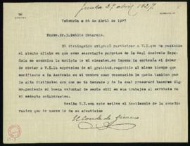 Carta del conde de Gimeno a Emilio Cotarelo en la que acusa recibo de la comunicación de su elecc...