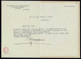 Carta de Eduardo Marquina, director de la Sociedad General de Autores, a Juan Moneva y Puyol en l...