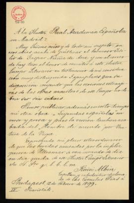Carta de Kőrösi Albin en la que anuncia el envío de tres ejemplares de su traducción de Un idilio...