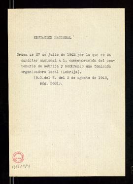 Nota sobre la Orden de 27 de julio de 1942 por la que se da carácter nacional a la conmemoración ...