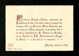 Invitación de Federico Sopeña Ibáñez a la primera misa solemne que celebrará el 4 de abril de la ...