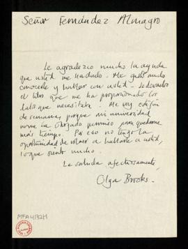 Carta de Olga Brooks a Melchor Fernández Almagro en la que le agradece su ayuda, le devuelve el l...
