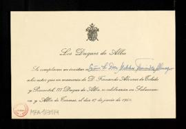 Invitación de los duques de Alba a los actos en memoria de Fernando Álvarez de Toledo y Pimentel,...