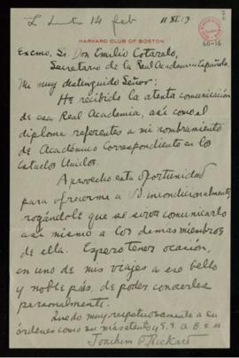 Carta de Joaquín D. Rickard a Emilio Cotarelo de acuse de recibo del oficio y el diploma y de agr...