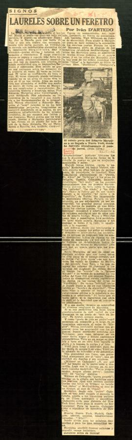 Recorte de Hoja Oficial del Lunes con la columna Laureles sobre un féretro, por Iván D'Artedo