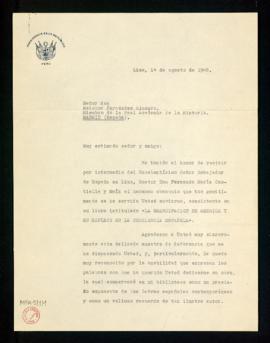 Carta de José Luis Bustamante, presidente del Perú, a Melchor Fernández Almagro en la que le agra...