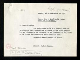 Copia de la carta de Rafael Lapesa a José María Pemán en la que le informa del envío de un ejempl...