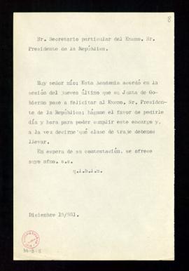 Copia sin firma de la carta [del secretario, Emilio Cotarelo] al secretario particular del presid...