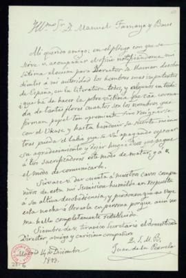 Carta de Juan de la Pezuela, al secretario, Manuel Tamayo y Baus, por la que agradece a la Academ...