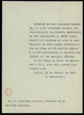 Copia del oficio de pésame del secretario a Alejandro Quijano por el fallecimiento de Darío Rubio