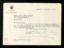 Carta de José Ibáñez Martín a Julio Casares de felicitación por la limpieza y elegancia con que f...